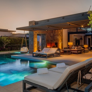 Exterior and pool at sunset