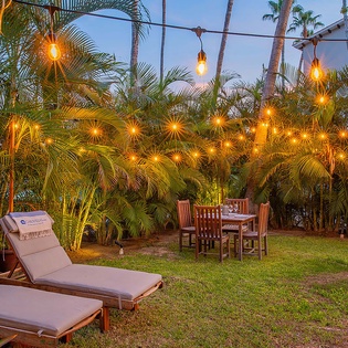 Relax on cushioned lounge chairs in your private garden, where tropical palms and warm string lights create an enchanting retreat for evening dining or stargazing under the open sky.