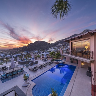 Poolside patio during sunset