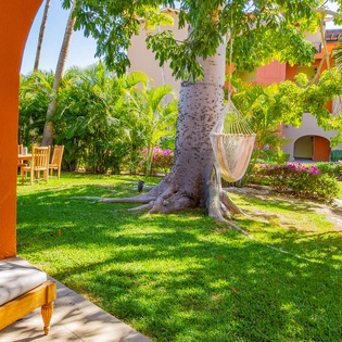 Sunny patio with outdoor seating and hammock