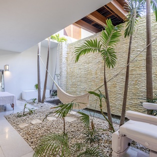 Unwind in your private spa sanctuary with tropical palms and a hammock creating the perfect wellness retreat.