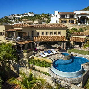 Bird's eye view of villa's poolside