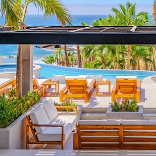 Poolside patio with ocean views
