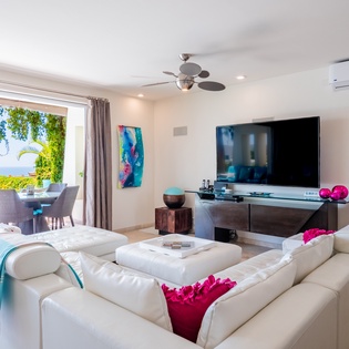 Spacious living area with patio access