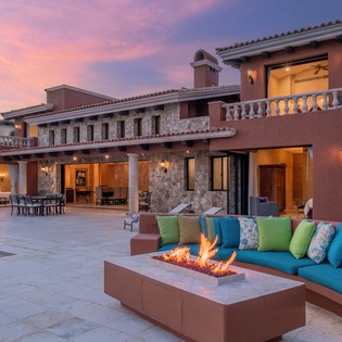 Lounge by the outdoor luxurious fireplace