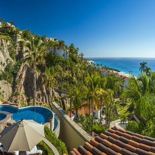 Aerial view of patio and beach