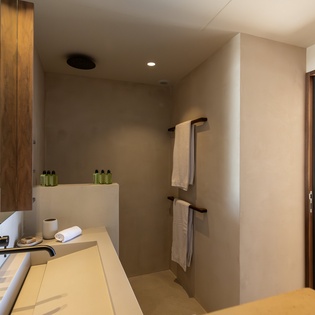 Your modern bathroom features warm wood accents, premium amenities, and a sleek walk-in shower for ultimate comfort.