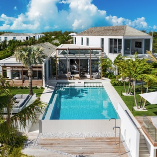 Modern tropical villa showcasing pristine architecture surrounded by lush palm trees and natural landscape.
