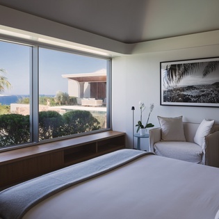 Wake up to stunning sea views from your bed, where tropical palms frame the horizon through floor-to-ceiling windows in this serene retreat.