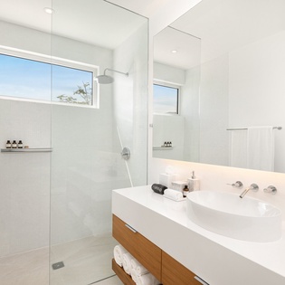 Step into your sleek ensuite bathroom featuring a spacious walk-in shower, modern vanity, and natural light streaming through windows.