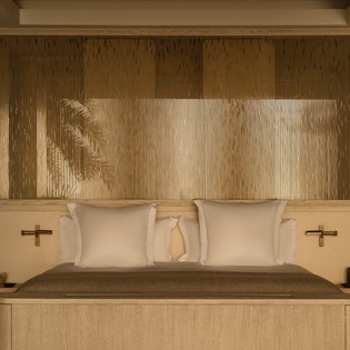 Unwind in your serene bedroom featuring natural wood tones, soft linens, and artistic bamboo details that create perfect tranquility.