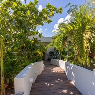 A wooden walkway leads through lush tropical gardens toward your villa, surrounded by swaying palms and vibrant greenery.
