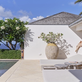 Sunlit poolside paradise with elegant loungers, tropical gardens, and tranquil ocean beyond—your private retreat awaits.