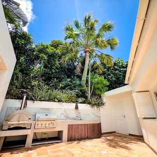 Step into your private outdoor kitchen, where sunlight filters through swaying palms and tropical greenery frames your open-air culinary space. Perfect for preparing fresh meals under the sky.