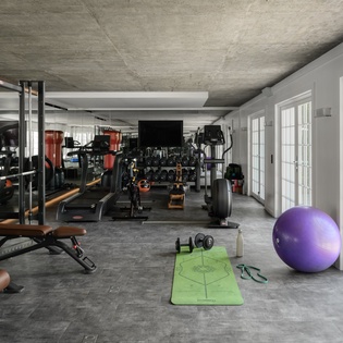 Your private gym awaits with professional equipment, from cardio machines to free weights, all bathed in natural light from garden doors.