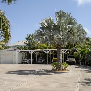 Spacious covered parking shelters multiple vehicles beneath swaying palms in this tropical setting.