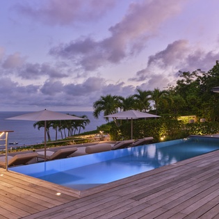 Oceanfront infinity pool framed by swaying palms and dramatic twilight skies. The property sits on a lush hillside above tranquil waters, offering a serene tropical escape.