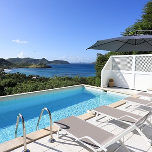 Stunning infinity pool overlooking the azure Caribbean coastline, surrounded by lush tropical hills and pristine beaches.
