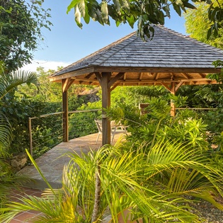 A tropical garden gazebo surrounded by lush palms and mature trees creates a peaceful outdoor retreat.