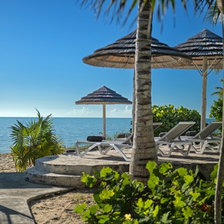 Private beachfront paradise with lounge chairs under palm-thatched umbrellas, where turquoise waters meet pristine sand just steps from your door.