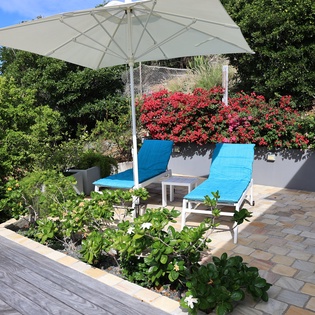 Sink into turquoise loungers under your private umbrella, surrounded by vibrant blooms and lush greenery on this peaceful terrace.