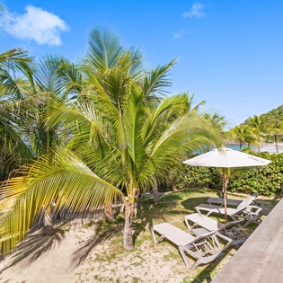 Tropical paradise awaits with swaying palms, beach loungers, and pristine coastline stretching beyond lush gardens.