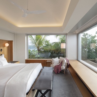 Wake up to tropical palm views through floor-to-ceiling windows in your modern sanctuary, where sleek design meets serene comfort.