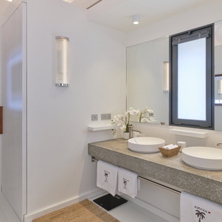 Your modern bathroom features dual vessel sinks, elegant stone countertops, and natural light streaming through the window, creating a serene space to refresh and unwind.