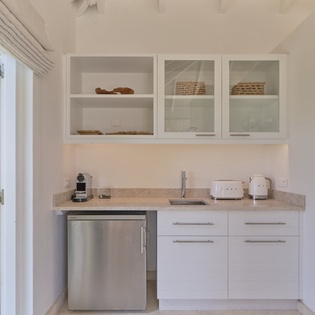 A bright kitchenette with a sink, fridge, and coffee maker awaits your morning routine, framed by glass doors that open to tropical greenery.