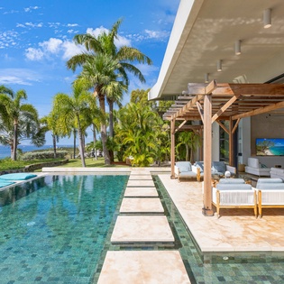 Tropical paradise meets modern luxury with pristine infinity pool, swaying palms, and stunning ocean views under endless blue skies.
