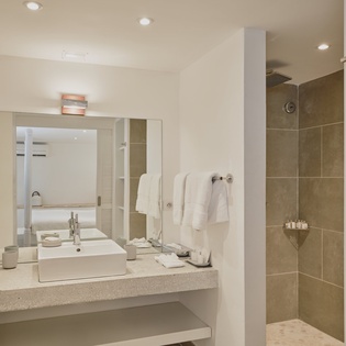 Step into your spa-like bathroom with rainfall shower, luxurious stone tiles, and plush towels waiting for your relaxing retreat.