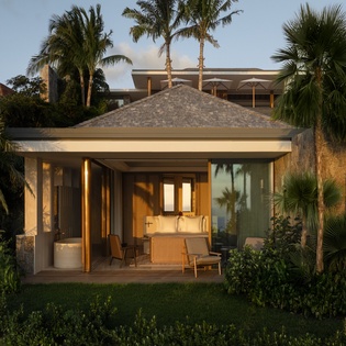 Modern tropical villa nestled among palm trees, featuring contemporary architecture and natural stone accents in a lush garden setting.