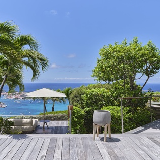 Panoramic coastal deck showcasing tropical palms, lush gardens, and expansive turquoise sea vistas stretching to the horizon under clear blue skies.