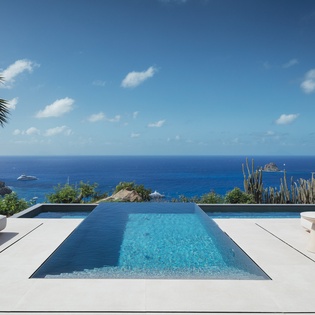 Stunning infinity pool overlooking endless ocean views with tropical landscaping and comfortable lounging areas.