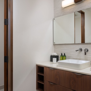 Step into your private spa-like bathroom featuring sleek modern fixtures, warm wood vanity, and tropical garden glimpses through the window.