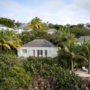 Tropical villa surrounded by lush palm trees and natural vegetation, nestled in a peaceful hillside setting with neighboring homes.