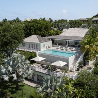Stunning aerial view of a tropical villa estate surrounded by lush palm trees and pristine natural landscape.