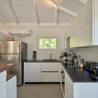 Your fully equipped modern kitchen features sleek appliances and premium finishes under beautiful vaulted ceilings with exposed beams.