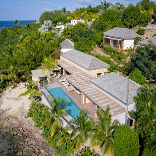 Stunning beachfront villa with private pool and tropical gardens, nestled among palm trees along pristine coastline.