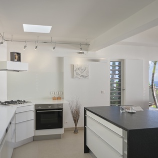 Your sleek modern kitchen features pristine white cabinets, dark countertops, and stunning views of swaying palms through floor-to-ceiling windows.
