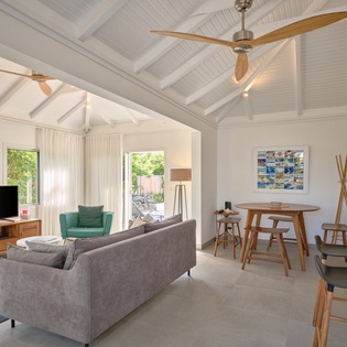 Relax in your open-plan living space with soaring ceilings, modern furnishings, and natural light streaming through picture windows.