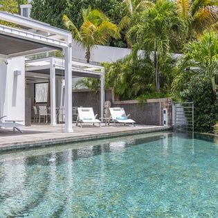 A sparkling private pool surrounded by lush tropical palms awaits your relaxation, with white loungers and covered dining areas just steps from modern interiors.