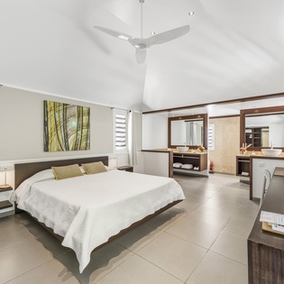 Unwind in your spacious bedroom with modern amenities, ceiling fan, and beautiful ensuite bathroom for ultimate comfort.