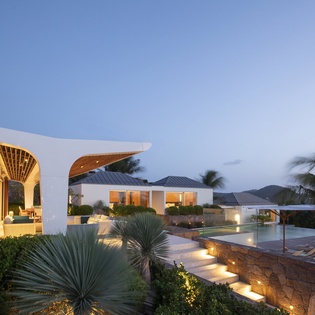 Modern luxury villa with stunning architecture surrounded by tropical gardens and palm trees in an upscale setting.