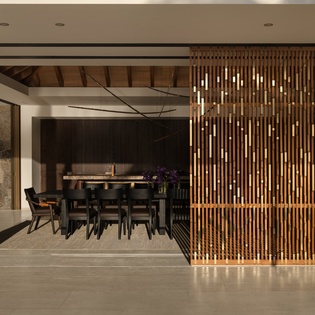 Step into your open-plan dining space where modern elegance meets warm wood accents and sophisticated lighting.