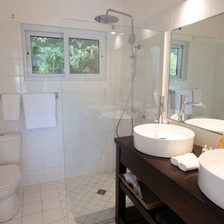 Refresh in your spacious modern bathroom featuring dual vessel sinks, a rainfall shower, and serene garden views through bright windows.