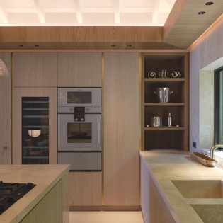 Your dream kitchen awaits with warm wood cabinetry, sleek built-in appliances, and natural light streaming through floor-to-ceiling windows.