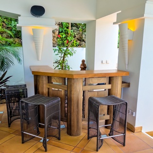 Your private dining nook blends indoor comfort with tropical charm—lush greenery frames rustic wood and modern design, creating a serene spot to savor meals or morning coffee.