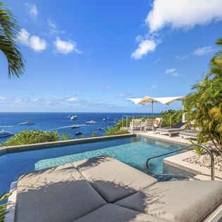 Private infinity pool with panoramic ocean views, tropical palms, and luxury lounging areas create the perfect Caribbean escape.
