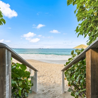 Private wooden boardwalk leads through lush tropical foliage to pristine sandy beach and crystal-clear waters.